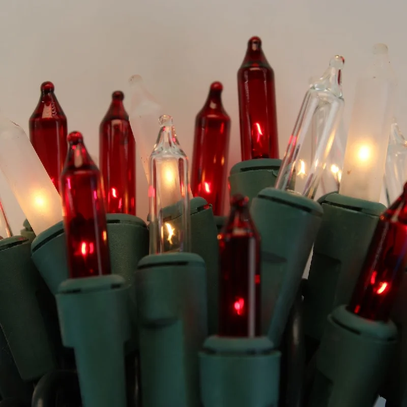 100-bulb Candy Cane (Red Clear Frost) Mini Lights, 4" Spacing, Green Wire