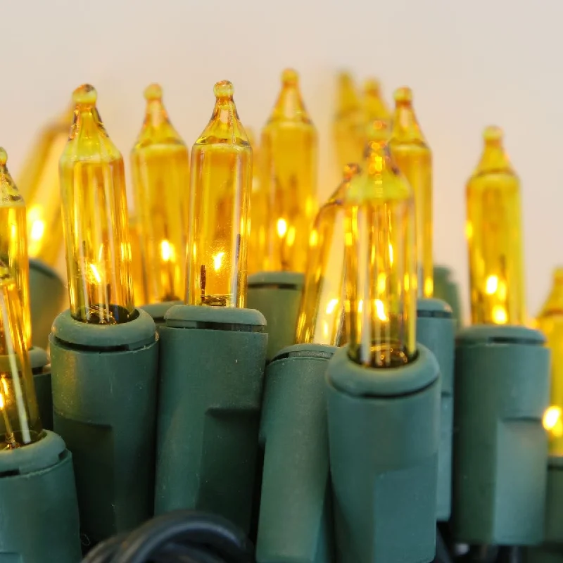 100-bulb Yellow Mini Lights, 4" Spacing, Green Wire