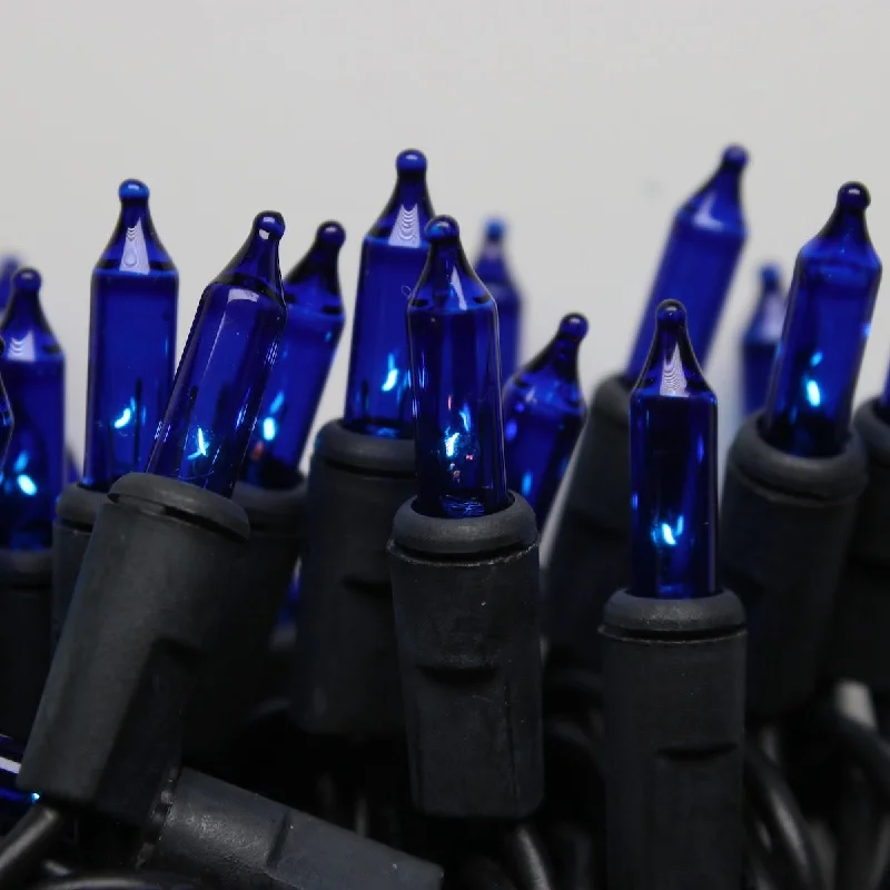 50-bulb Blue Mini Lights, 4" Spacing, Black Wire