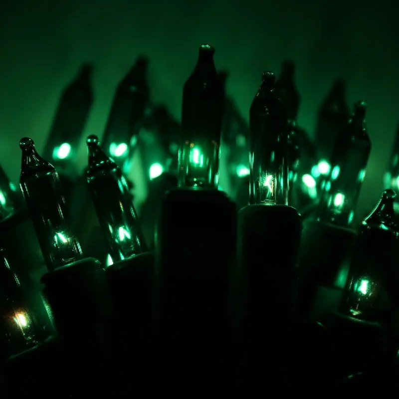 50-bulb Green Mini Lights, 4" Spacing, Black Wire