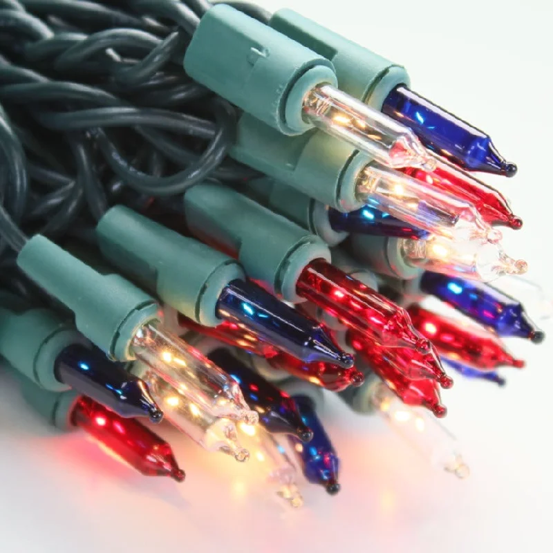 50-bulb Red White Blue Mini Lights, 4" Spacing, Green Wire