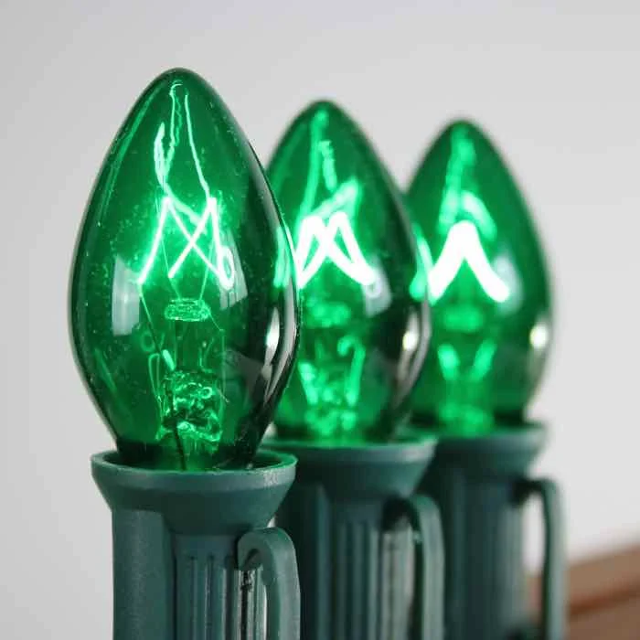 C7 Green Extra Bright Glass Bulbs E12 Bases (25 Pack)