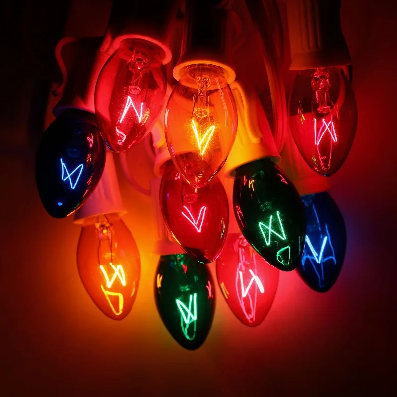 C7 Multicolor Extra Bright Glass Bulbs E12 Bases (25 Pack)