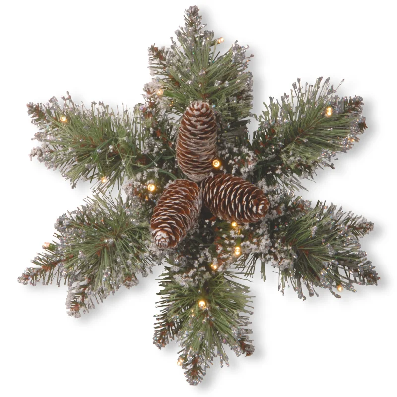 14 in. Pre-Lit Glittery Bristle Pine Snowflake with Warm White LED Lights