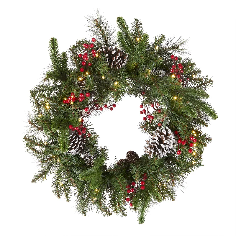 24 in. Pre-Lit Bristle Berry Wreath with LED Lights