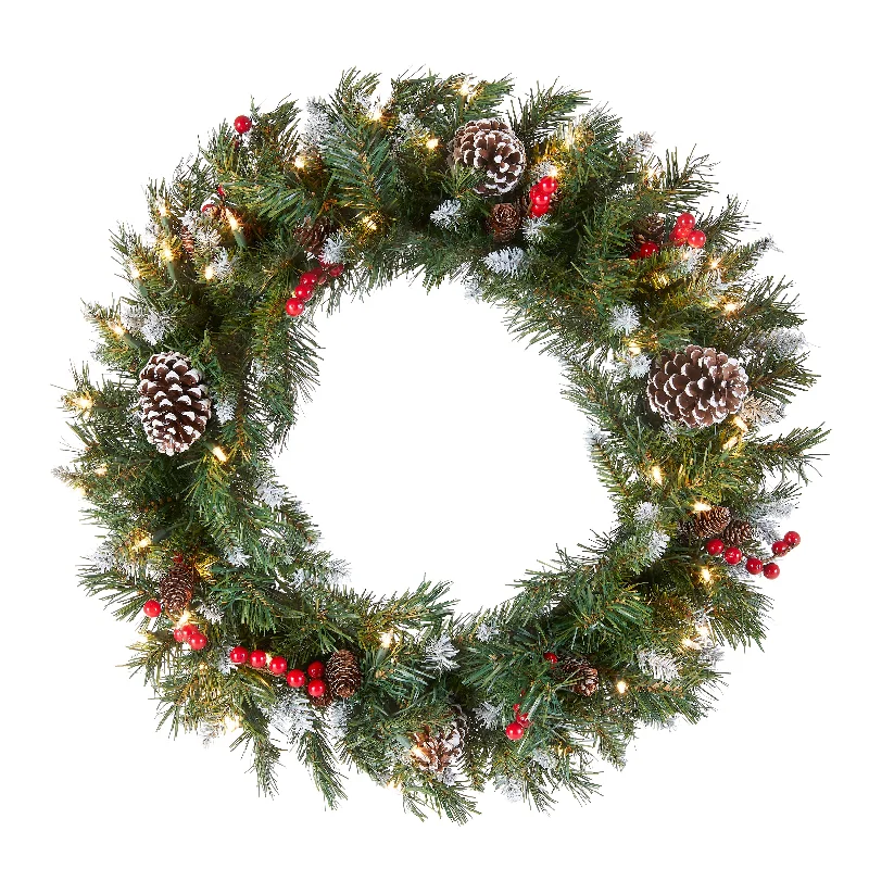 24 in. Pre-Lit Frosted Berry Wreath with Clear Lights