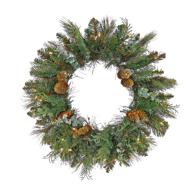 24 in. Pre-Lit North Conway Wreath with Warm White LED Lights