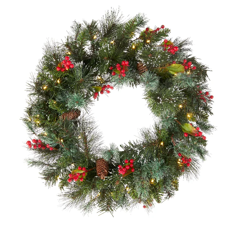 24 in. Pre-Lit Wintry Pine Wreath with LED Lights