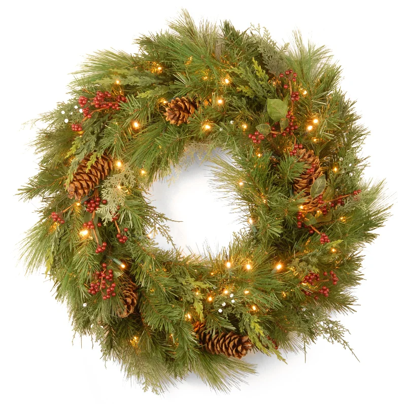 30 in. Pre-Lit White Pine Wreath with Warm White LED Lights