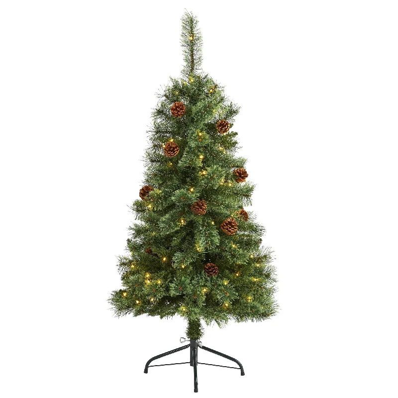 4’ White Mountain Pine Artificial Christmas Tree with 100 Clear LED Lights and Pine Cones