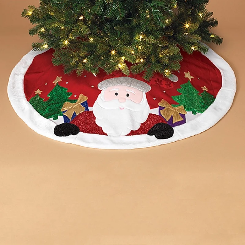 48" Red Velvet Metallic Embroidered Santa Christmas Tree Skirt with Faux Fur Border