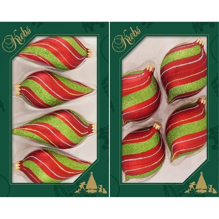 Pack of 4 Red Velvet/Lime Green Candy Glitter Tree Ornaments