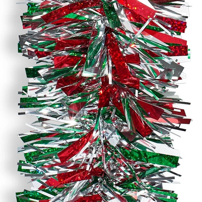 10' Deluxe Laser Red, Green and Metallic Silver Tinsel Christmas Garland