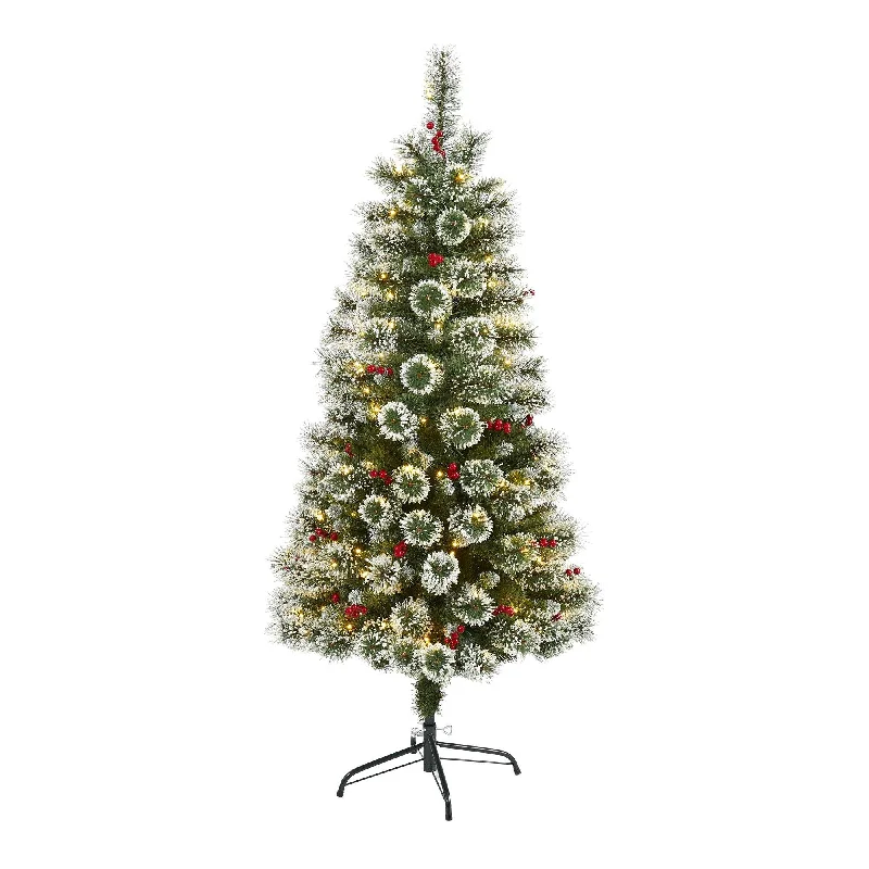 5’ Frosted Swiss Pine Artificial Christmas Tree with 200 Clear LED Lights and Berries