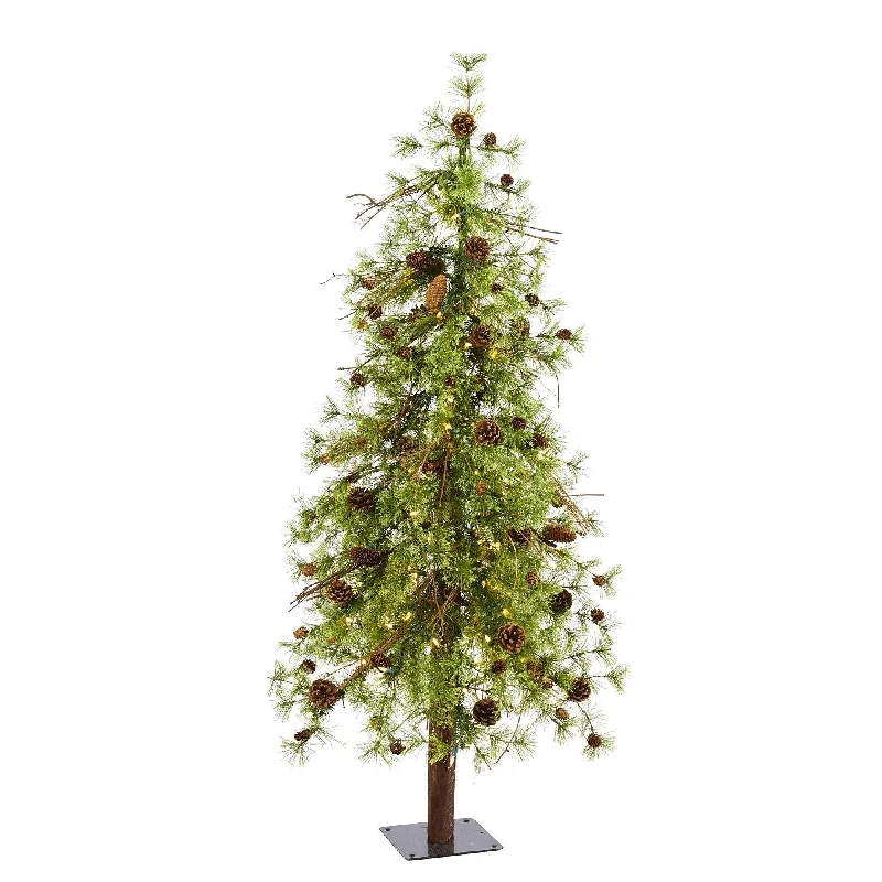 5' Wyoming Alpine Artificial Christmas Tree with 100 Clear (multifunction) LED Lights and Pine Cones on Natural Trunk