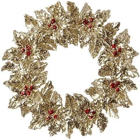 5" Vintage Gold Glitter Holly Wreath Ornament