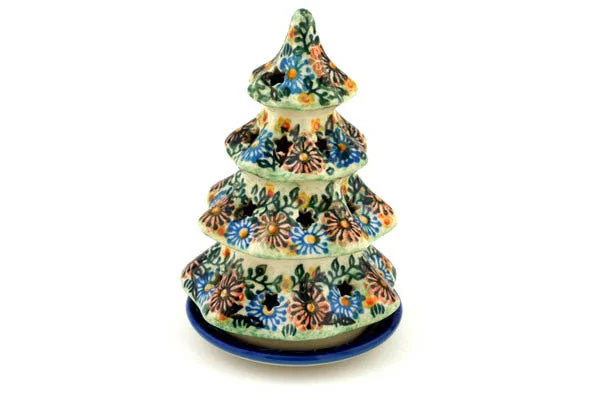 6" Christmas Tree Candle Holder - Peach Daisies