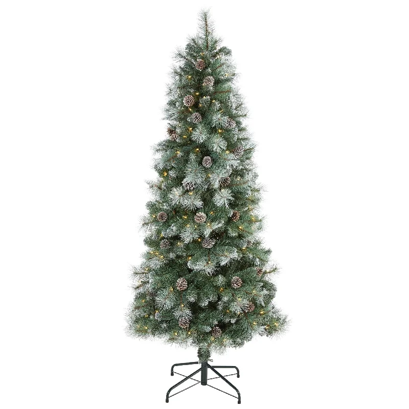 6’ Frosted Tip British Columbia Mountain Pine Artificial Christmas Tree with 250 Clear Lights, Pine Cones and 588 Bendable Branches