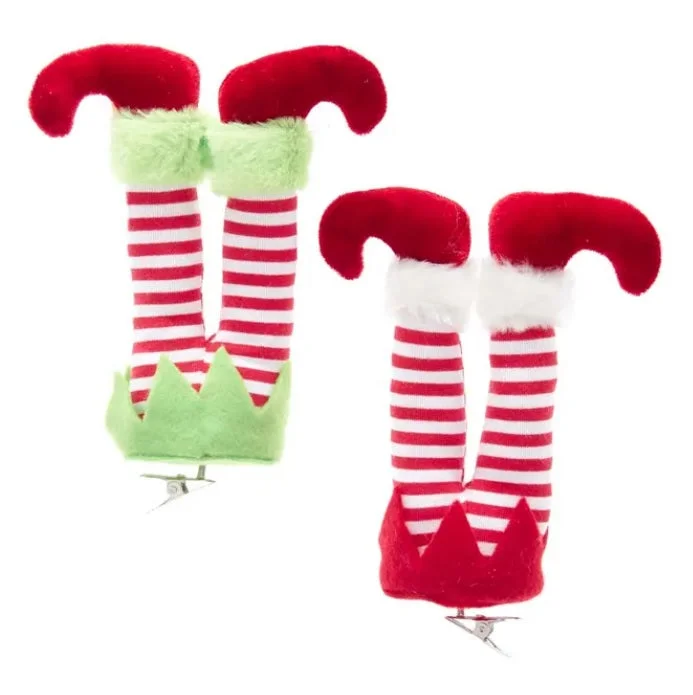 6" Red, Green and White Elf Leg Clip-On Ornaments