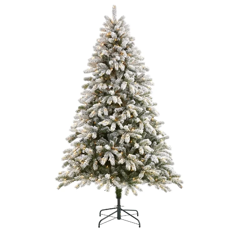 7.5’ Flocked South Carolina Spruce Artificial Christmas Tree with 600 Clear Lights and 1537 Bendable Branches