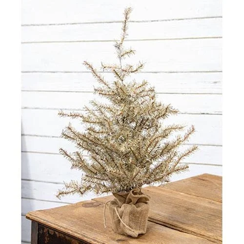 Antiqued Silver Tinsel Tree w Burlap Base 2ft