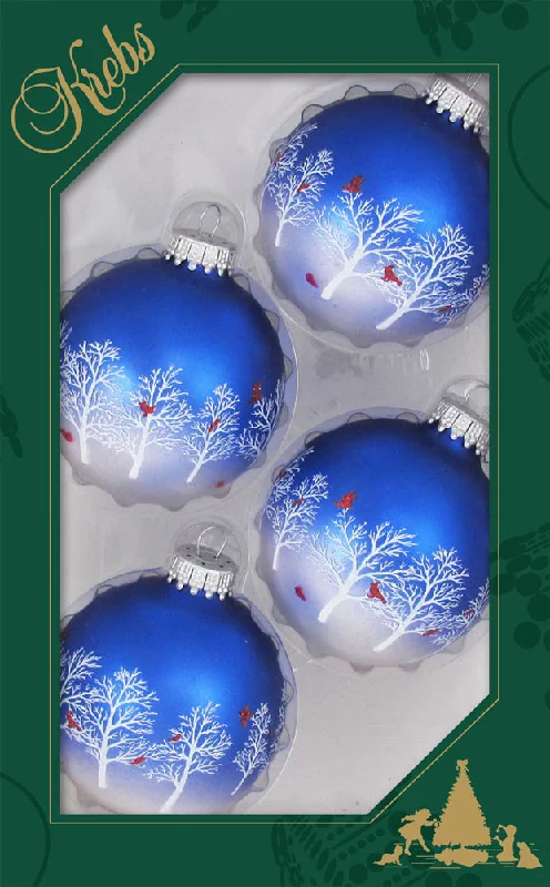 Set of 4 Blue & Pearl Glass Ornaments with Snowy Trees & Cardinals