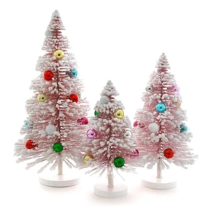 Flocked Pink Decorated Bottle Brush Trees