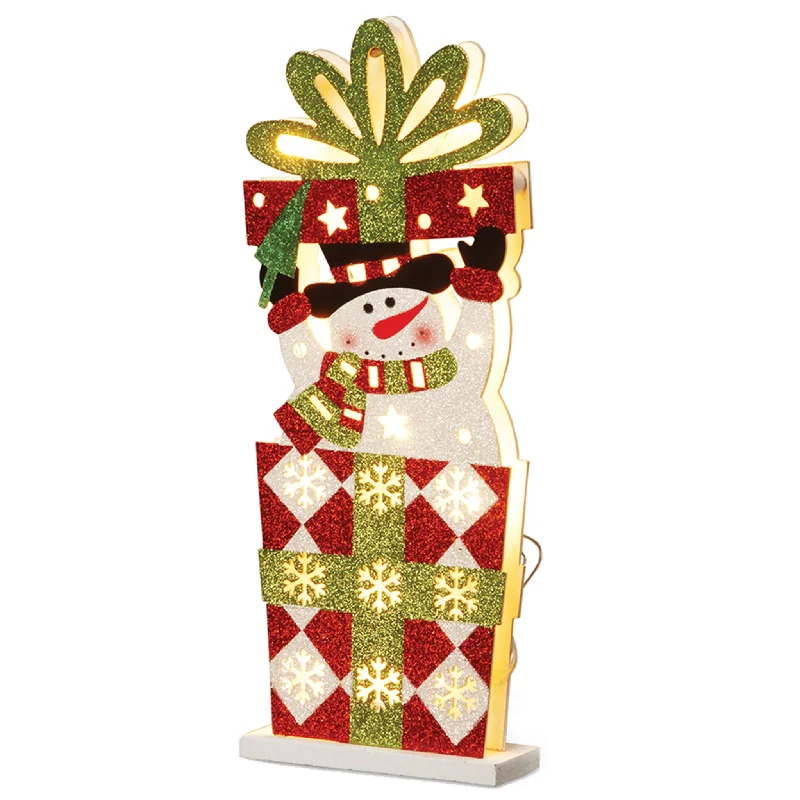 17 in. Pre-Lit Wooden Gift Box Snowman