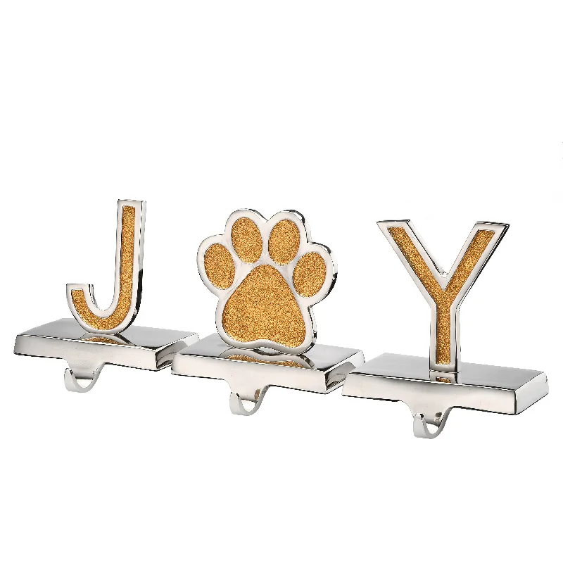 5 in. 3-Pieces Gold Sparkle JOY Christmas Stocking Holders, Gold and Silver with Paw Print