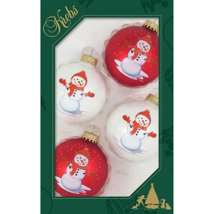 Pack of 4 Porcelain White/Flame Red Ball Ornaments with Red Hat Snow People