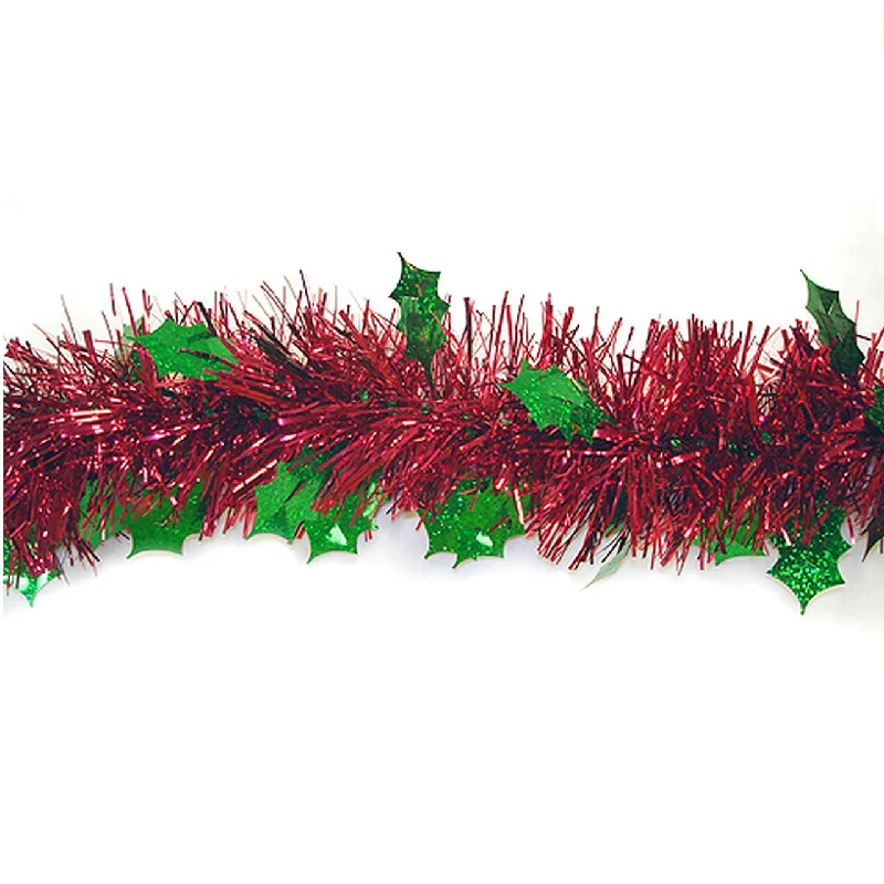 10' Shiny Red Christmas Tinsel Garland with Green Holographic Holly