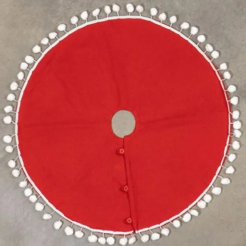 Red Tree Skirt with White Pom Poms, 28"