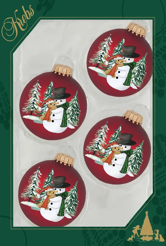 Set of 4 Port Velvet Glass Ball Ornaments with Snowman Hugging Bear