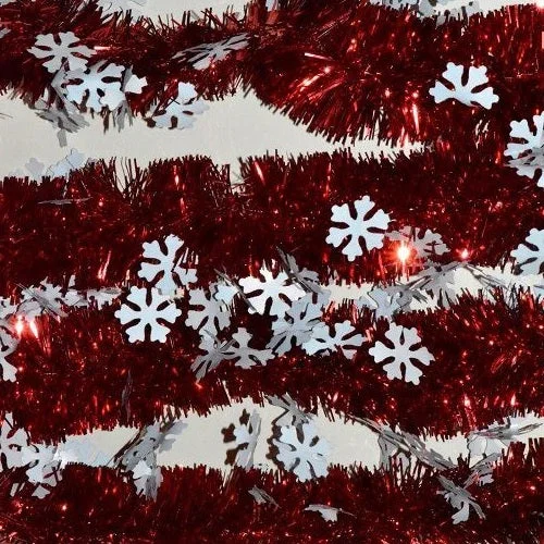 10' Shiny Red Tinsel Garland with White Snowflakes