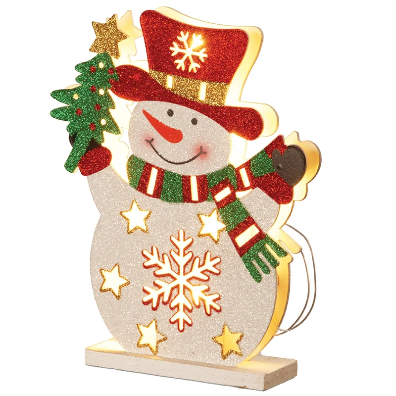 12 in. Pre-Lit Wooden Snowman