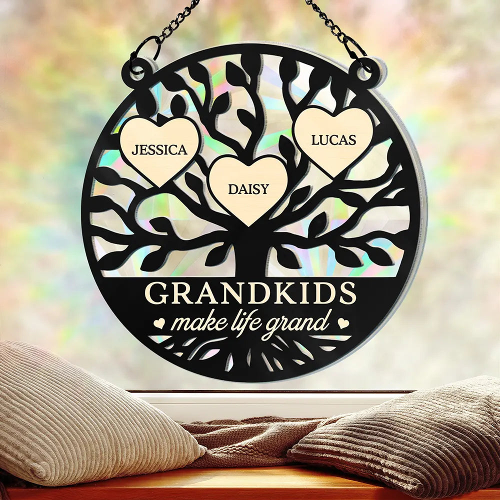 Tree Of Heart Grandkids Make Life Grand - Personalized Window Hanging Rainbow Suncatcher