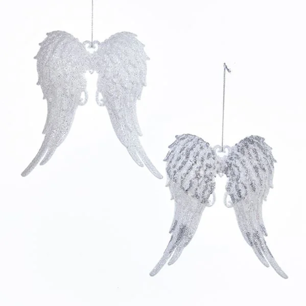 5.7" White Acrylic Glitter Angel Wing Ornaments