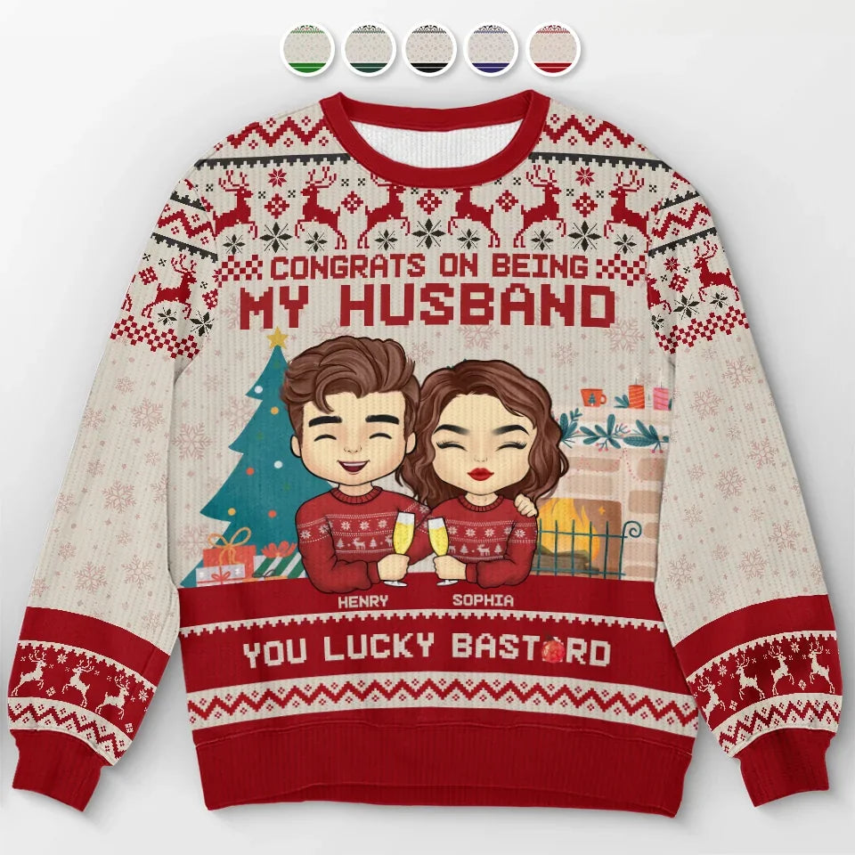 Cheers To Having You As My Husband - Couple Personalized Custom Ugly Sweatshirt - Unisex Wool Jumper - Christmas Gift For Husband Wife, Anniversary