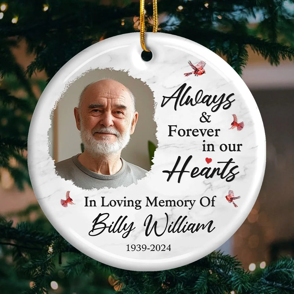 Custom Photo Always And Forever In My Heart - Memorial Personalized Custom Ornament - Ceramic Round Shaped - Sympathy Gift, Christmas Gift For Family Members