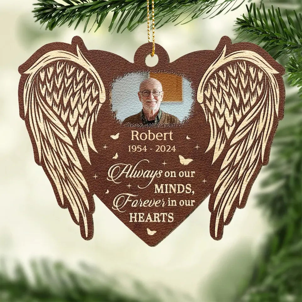 Custom Photo Always On Our Minds - Memorial Personalized Custom Leather Ornament - Sympathy Gift, Christmas Gift For Family Members