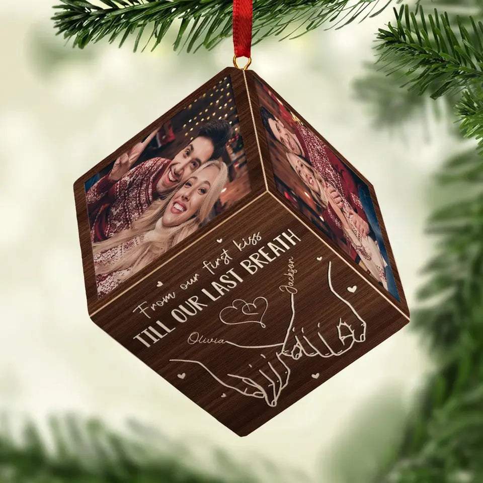 Custom Photo From Our First Kiss - Couple Personalized Custom Wooden Cube Ornament - Christmas Gift For Husband Wife, Anniversary