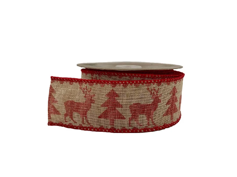 Deer Tree Ribbon - Red/Natural