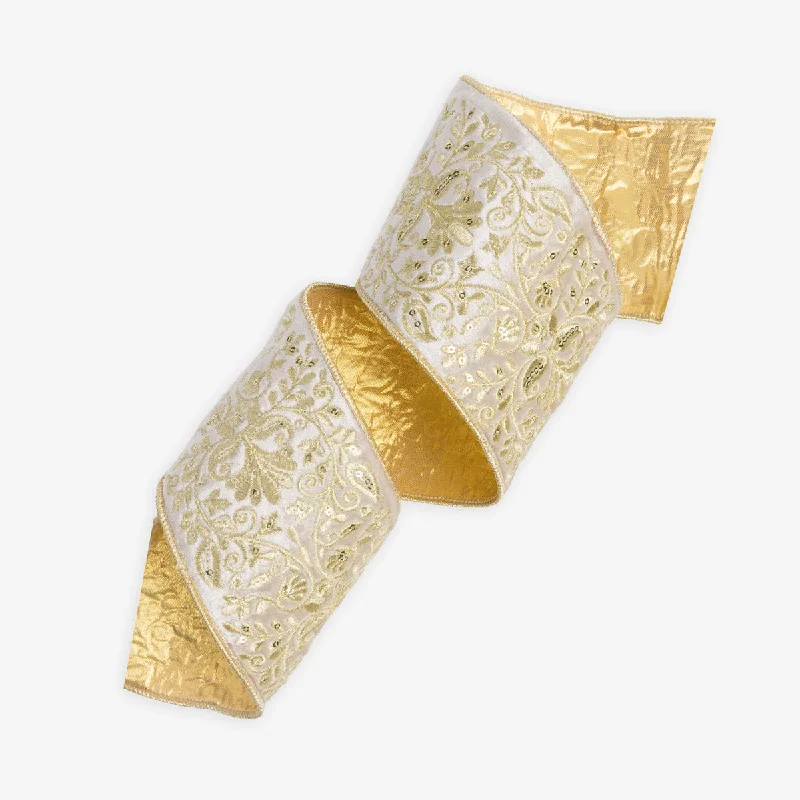 Embroidered Velvet Wire Ribbon (Ivory & Gold 9m)