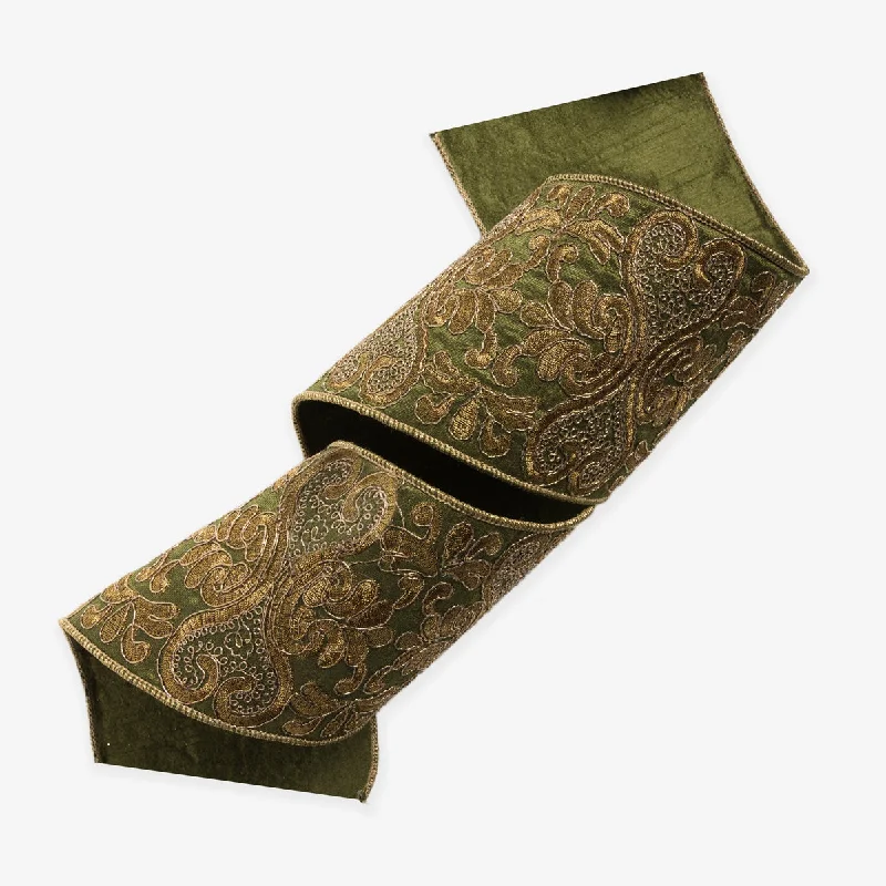 Embroidered Wire Ribbon (Green & Gold 9m)