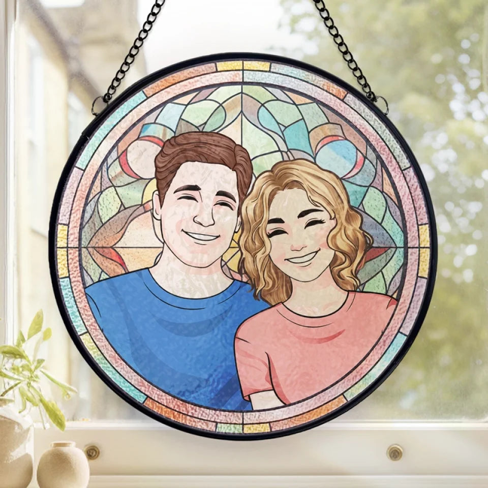 Happy Wife, Happy Life! - Couple Personalized Custom Stained Glass Window Hanging Suncatcher - Christmas Gift For Husband Wife, Anniversary