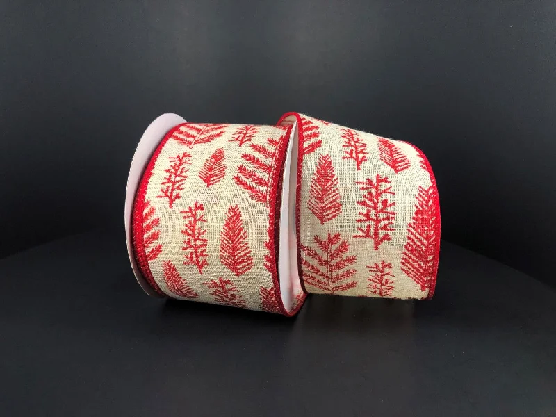 Ivory Canvas/Red Fern-Holly Branches, 2.5"X10Y  Ribbon   71177-40-12