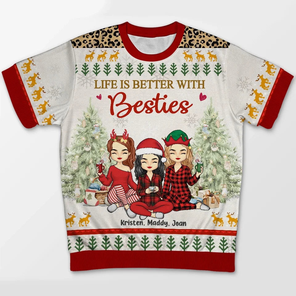 Life Is Better With Besties - Bestie Personalized Custom All Over Print Adult Short Sleeve Sweater - Christmas Gift For Best Friends, BFF, Sisters