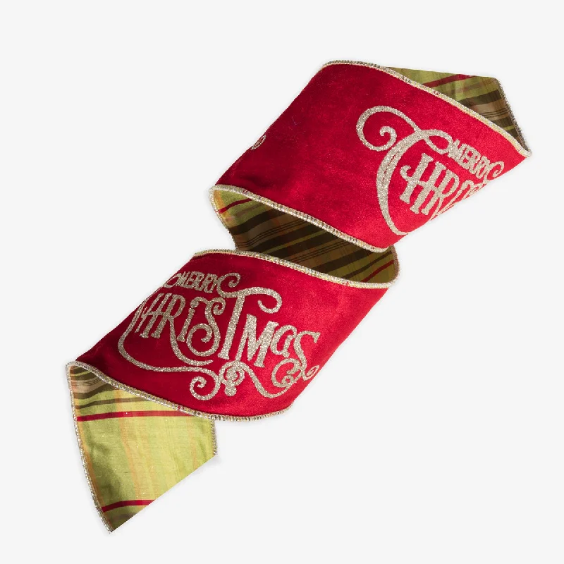 Merry Christmas Velvet Wire Ribbon (Red & Tartan 9m)