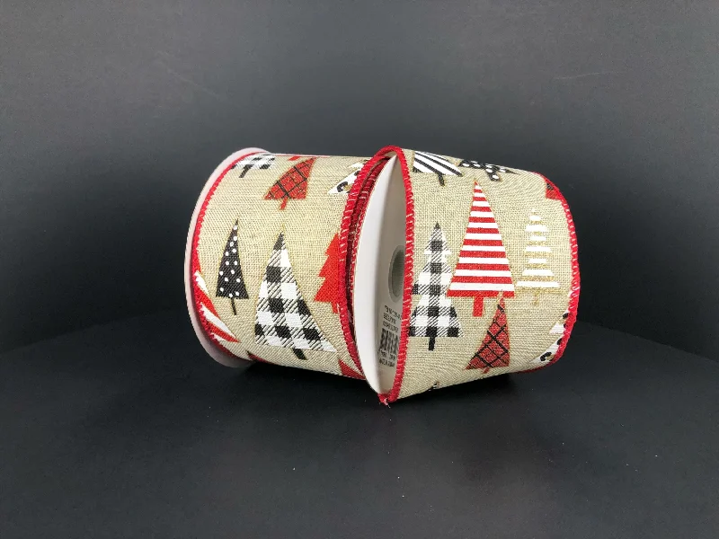 Natural Linen/Red-Black-White-Gold Patterned Trees, 2.5"X10Y  Ribbon  71257-40-21