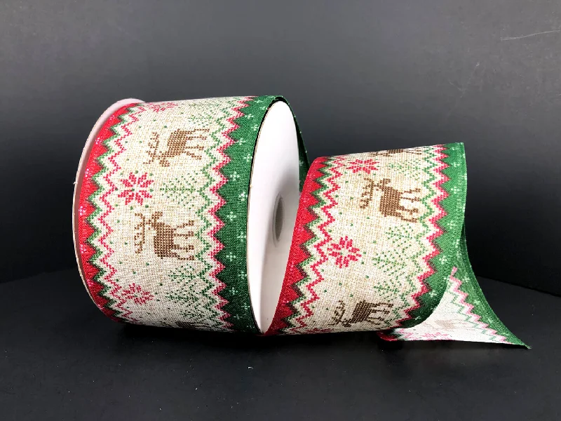 Natural Print Linen/Stitch Christmas Red-Green Edge, 2.5"X10Y  Ribbon  75234-40-07